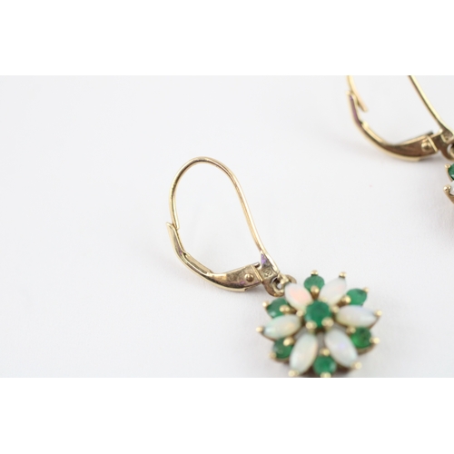 9 - 9ct gold emerald & opal drop earrings (2g)