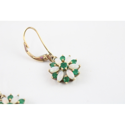 9 - 9ct gold emerald & opal drop earrings (2g)
