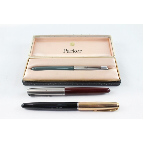 3 x Vintage Parker 51 Fountain Pens w/ 14ct Gold Nibs WRITING Inc Gold ...
