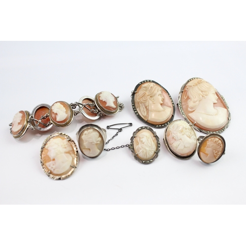 Collection of Mixed Grade Silver Cameo Jewellery inc. Brooches, Ring x 8 (67g)