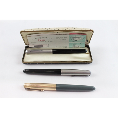 3 x Vintage Parker 51 Fountain Pens w/ 14ct Gold Nibs WRITING Inc Gold ...