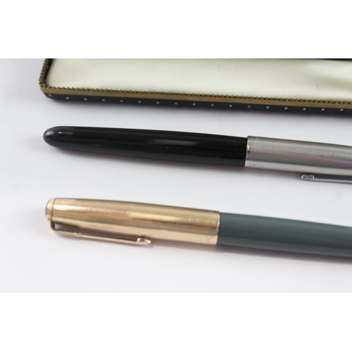 3 x Vintage Parker 51 Fountain Pens w/ 14ct Gold Nibs WRITING Inc Gold ...