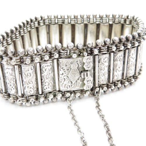 211 - Sterling Silver Antique Bracelet, w/ Etched, Safety Chain, Box Clasp (37g)