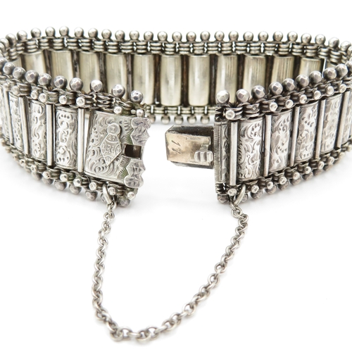 211 - Sterling Silver Antique Bracelet, w/ Etched, Safety Chain, Box Clasp (37g)