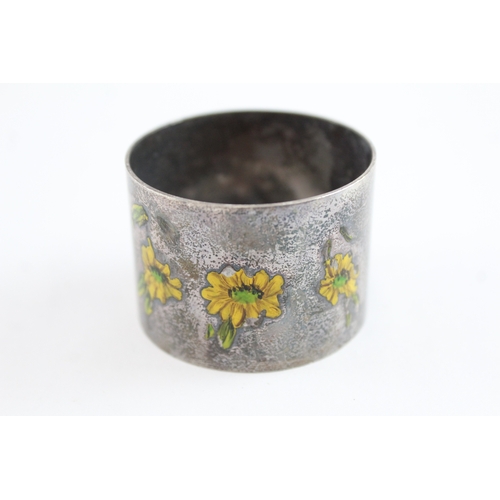 350 - Vintage .925 Sterling Silver Enamel Detailed Floral Napkin Ring 36g