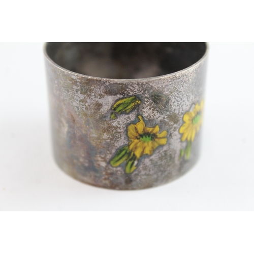 350 - Vintage .925 Sterling Silver Enamel Detailed Floral Napkin Ring 36g