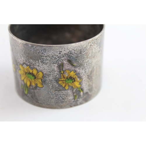350 - Vintage .925 Sterling Silver Enamel Detailed Floral Napkin Ring 36g