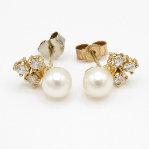 19 - 9ct Gold Pearl and White Gemstone Earrings (1.4g)