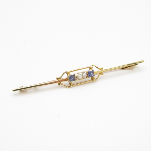 2 - 15ct Gold Art Deco Sapphire and Pearl Bar Brooch (2.5g)