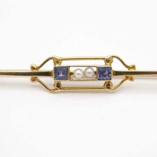 2 - 15ct Gold Art Deco Sapphire and Pearl Bar Brooch (2.5g)