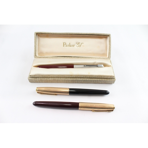 3 x Vintage Parker 51 Fountain Pens w/ 14ct Gold Nibs WRITING Inc Gold ...