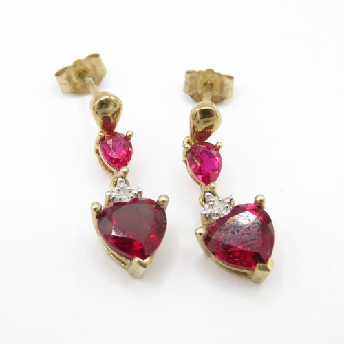 181 - 9ct Gold Synthetic Ruby and Diamond Drop Earrings (1.9g)