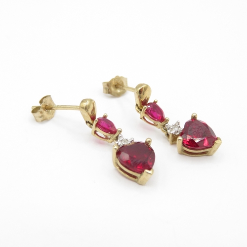 181 - 9ct Gold Synthetic Ruby and Diamond Drop Earrings (1.9g)