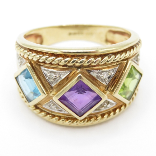 35 - 9ct gold peridot amethyst topaz diamond dress ring (6.3g) Size Q