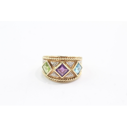 35 - 9ct gold peridot amethyst topaz diamond dress ring (6.3g) Size Q