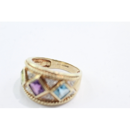 35 - 9ct gold peridot amethyst topaz diamond dress ring (6.3g) Size Q