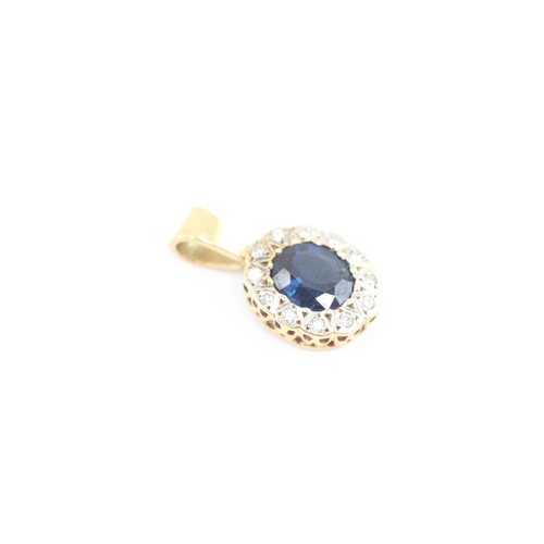 55 - 18ct gold sapphire diamond halo cluster pendant (2.2g)