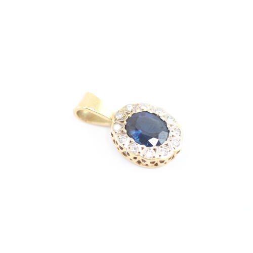 55 - 18ct gold sapphire diamond halo cluster pendant (2.2g)