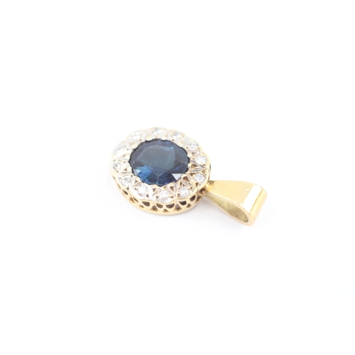 55 - 18ct gold sapphire diamond halo cluster pendant (2.2g)