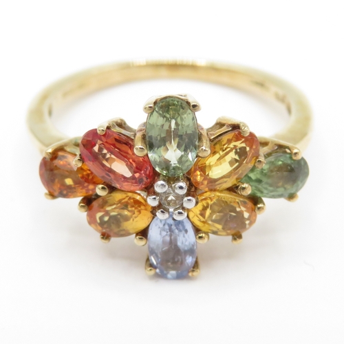 14 - 9ct gold vari-hue sapphire diamond cluster ring (2.9g) Size N