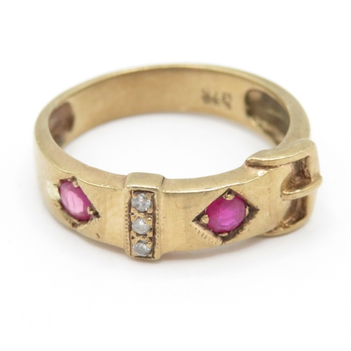 34 - 9ct gold ruby diamond belt buckle ring (3.3g) Size P