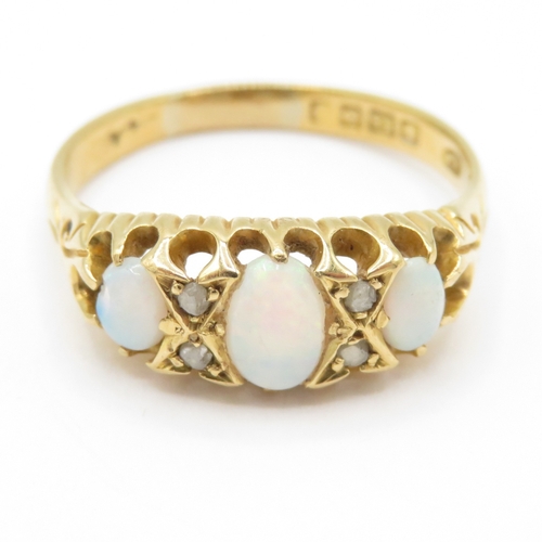 37 - 18ct gold antique opal diamond boat ring (3.6g) Size P