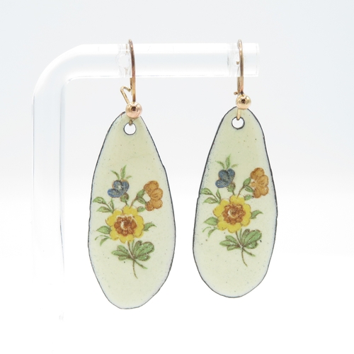 4 - 9ct gold hooks floral decal enamel drop earrings (8.8g) Size S