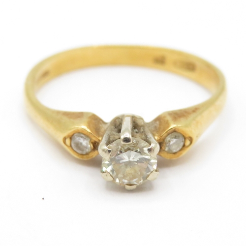 49 - 18ct gold diamond three stone ring (2.4g) Size J 1/2