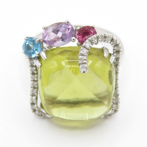 7 - 9ct white gold citrine smoky quartz amethyst blue topaz cocktail ring (6.9g) Size P