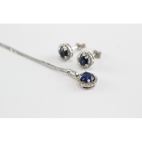 19 - 2x 9ct white gold sapphire diamond halo cluster earrings necklace set (2.7g)