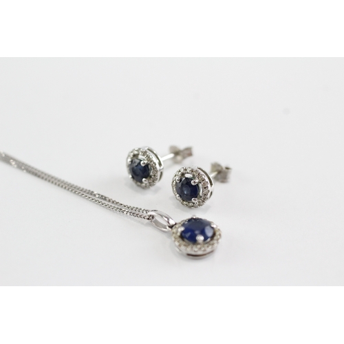 19 - 2x 9ct white gold sapphire diamond halo cluster earrings necklace set (2.7g)