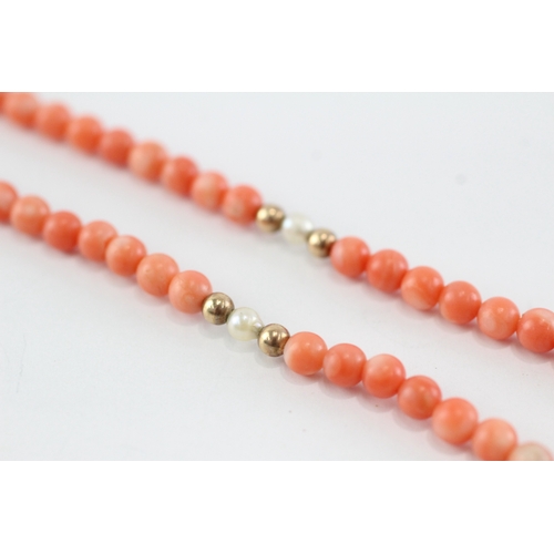 36 - 9ct gold coral cultured pearl garnet necklace (10.3g)