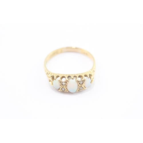 37 - 18ct gold antique opal diamond boat ring (3.6g) Size P