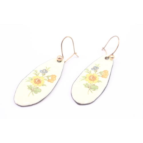 4 - 9ct gold hooks floral decal enamel drop earrings (8.8g) Size S