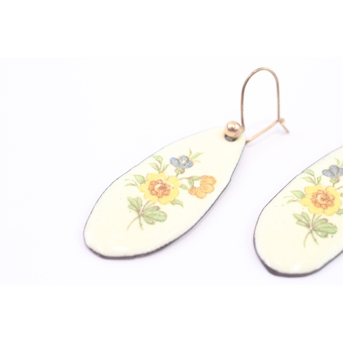 4 - 9ct gold hooks floral decal enamel drop earrings (8.8g) Size S