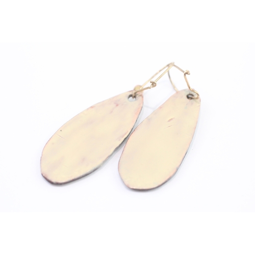 4 - 9ct gold hooks floral decal enamel drop earrings (8.8g) Size S