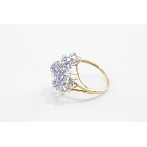42 - 9ct gold diamond tanzanite floral ring (3.4g) Size S