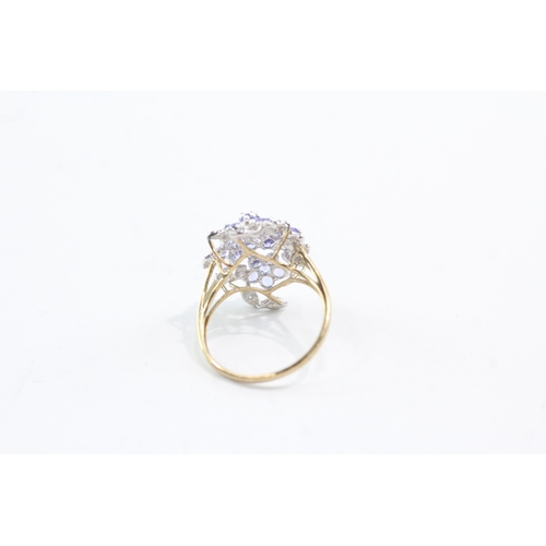 42 - 9ct gold diamond tanzanite floral ring (3.4g) Size S