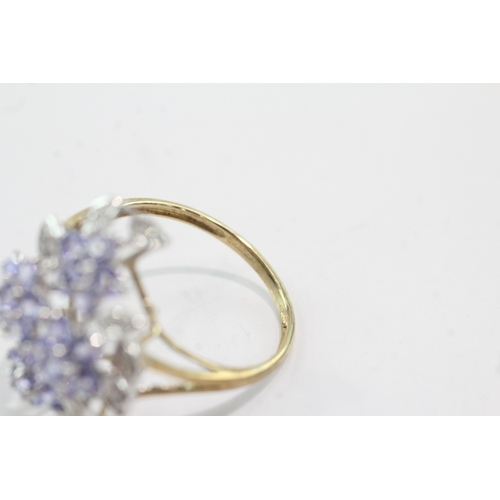 42 - 9ct gold diamond tanzanite floral ring (3.4g) Size S