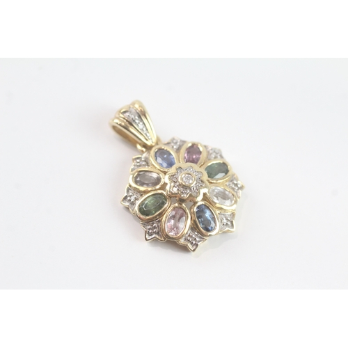 58 - 9ct gold vari-hue sapphire & diamond cluster pendant (5g)