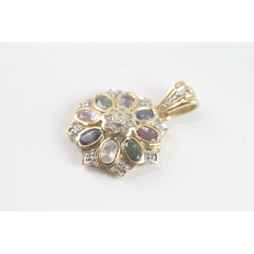 58 - 9ct gold vari-hue sapphire & diamond cluster pendant (5g)