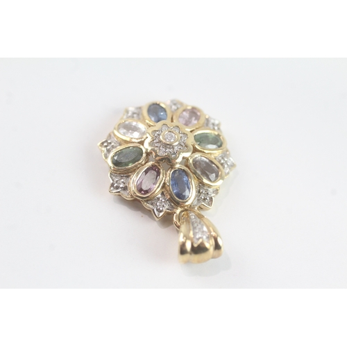 58 - 9ct gold vari-hue sapphire & diamond cluster pendant (5g)