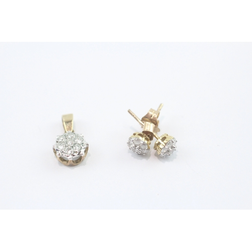 60 - 9ct gold diamond cluster earrings and pendant set (1.4g)