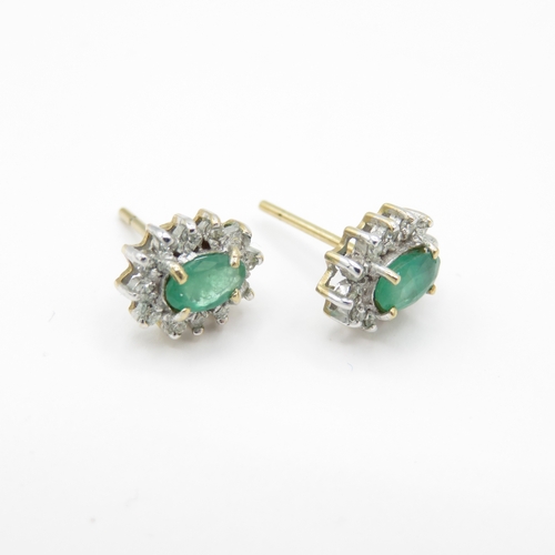 11 - 2 x 9ct Gold Emerald & Emerald and Diamond Stud Earrings (1.5g)