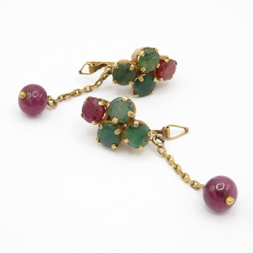 19 - Victorian 18ct Gold Ruby and Emerald Drop Earrings - requires repair (5.6g)