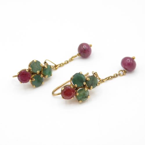19 - Victorian 18ct Gold Ruby and Emerald Drop Earrings - requires repair (5.6g)