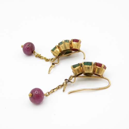 19 - Victorian 18ct Gold Ruby and Emerald Drop Earrings - requires repair (5.6g)