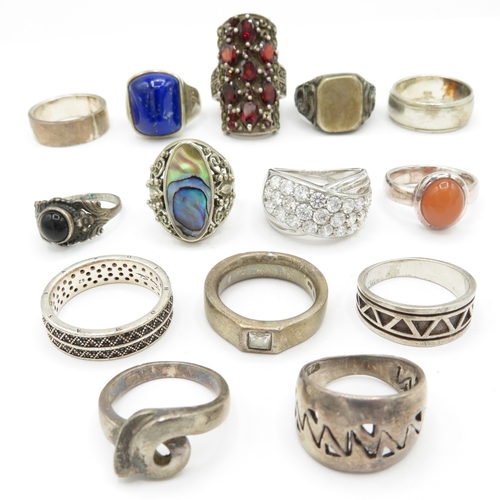 14 x Silver Rings inc Abalone, Carnelian, Garnet (107g)