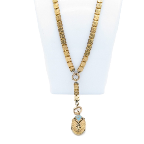 26 - Antique 9ct Gold Back and Front Book Chain with Victorian Enamel Locket (31.9g)