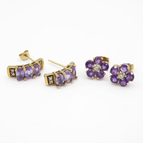 29 - 2 x 9ct Gold Purple Sapphire and White Zircon & Amethyst and Diamond Floral Stud Earrings (3.5g)